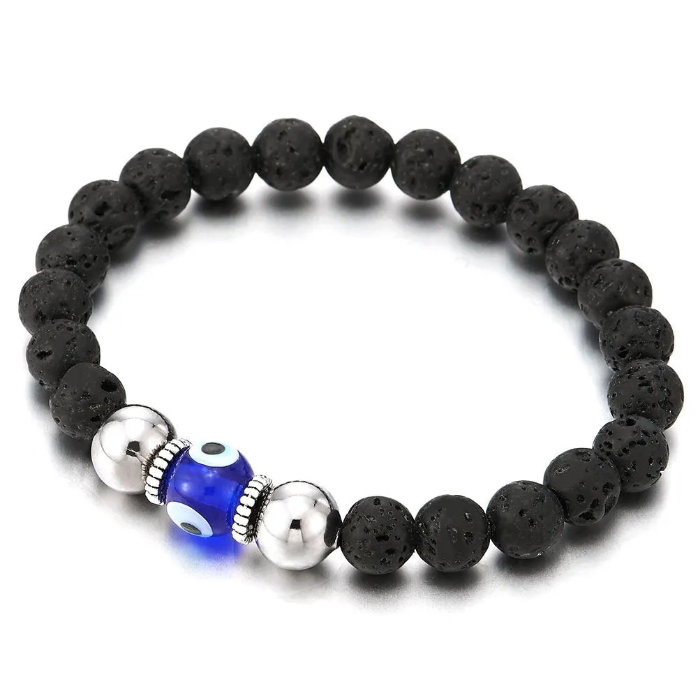 Mens Women Mat Black Bead Bracelet with Murano-Style Glass Evil Eye Bead, Protection Prayer Mala