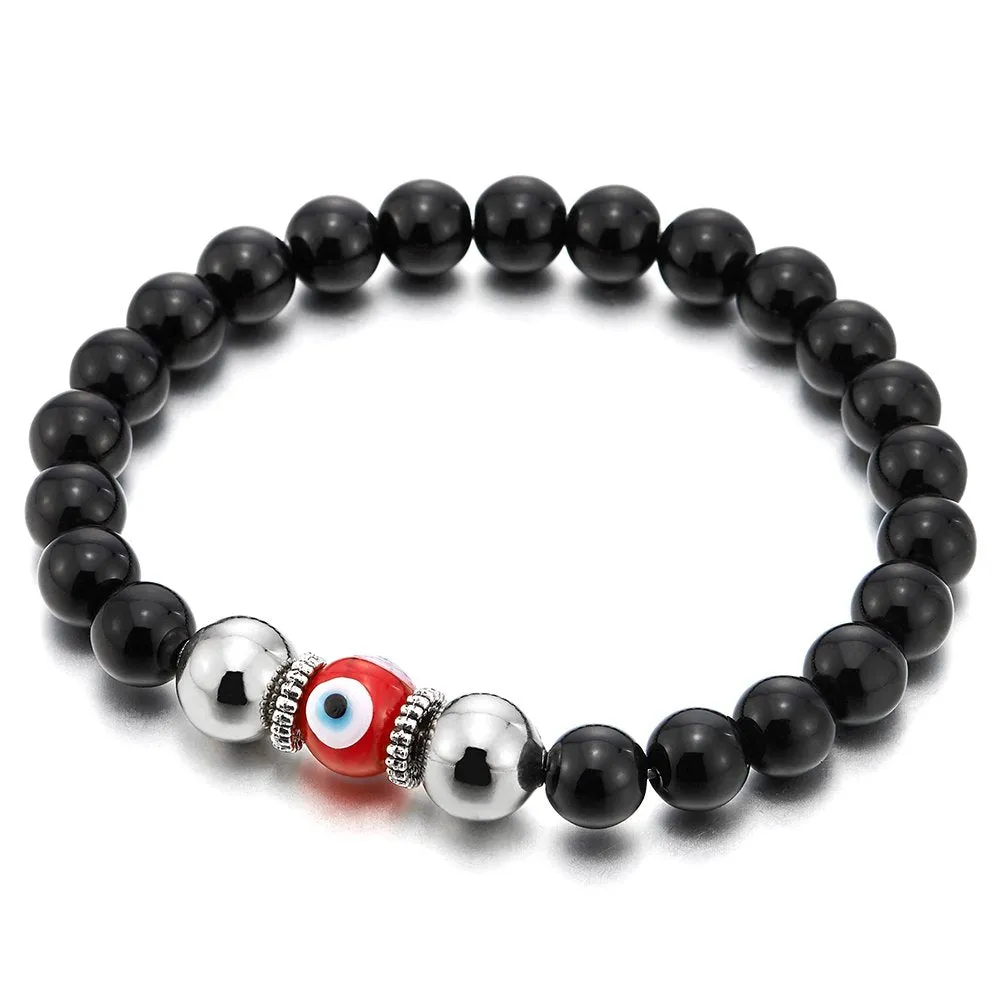 Mens Women Mat Black Bead Bracelet with Murano-Style Glass Evil Eye Bead, Protection Prayer Mala