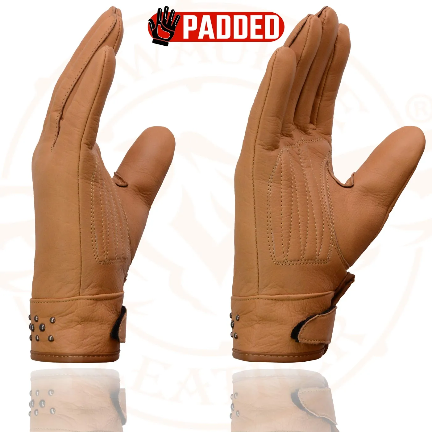 Milwaukee Leather MG7760 Women's Saddle Leather Gel Palm Lightweight Motorcycle Hand Gloves W/ Stylish ‘Wrist Detailing’