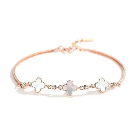 Mother-of-pearl Four Leaf Clover with Zircon Silver Bracelet for Women