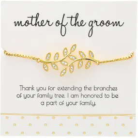 Mother of the Groom White Zircon Leaf - Gold Plated Adjustable Bracelet