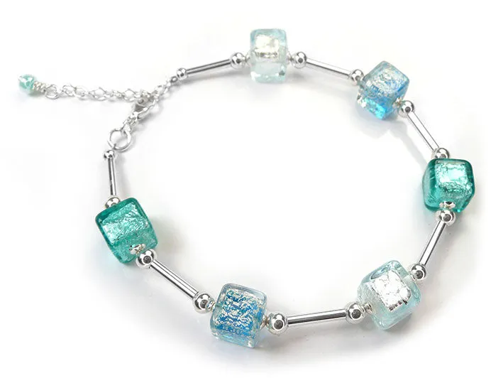 Murano Glass Cube Bracelet - Aqua Blues