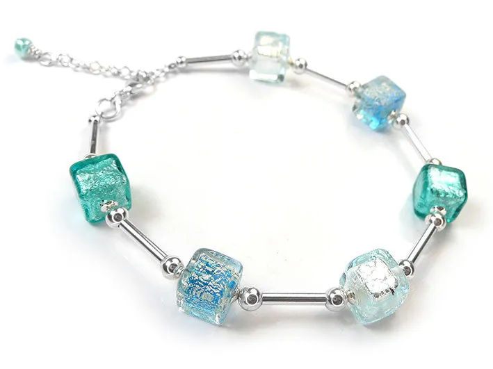 Murano Glass Cube Bracelet - Aqua Blues