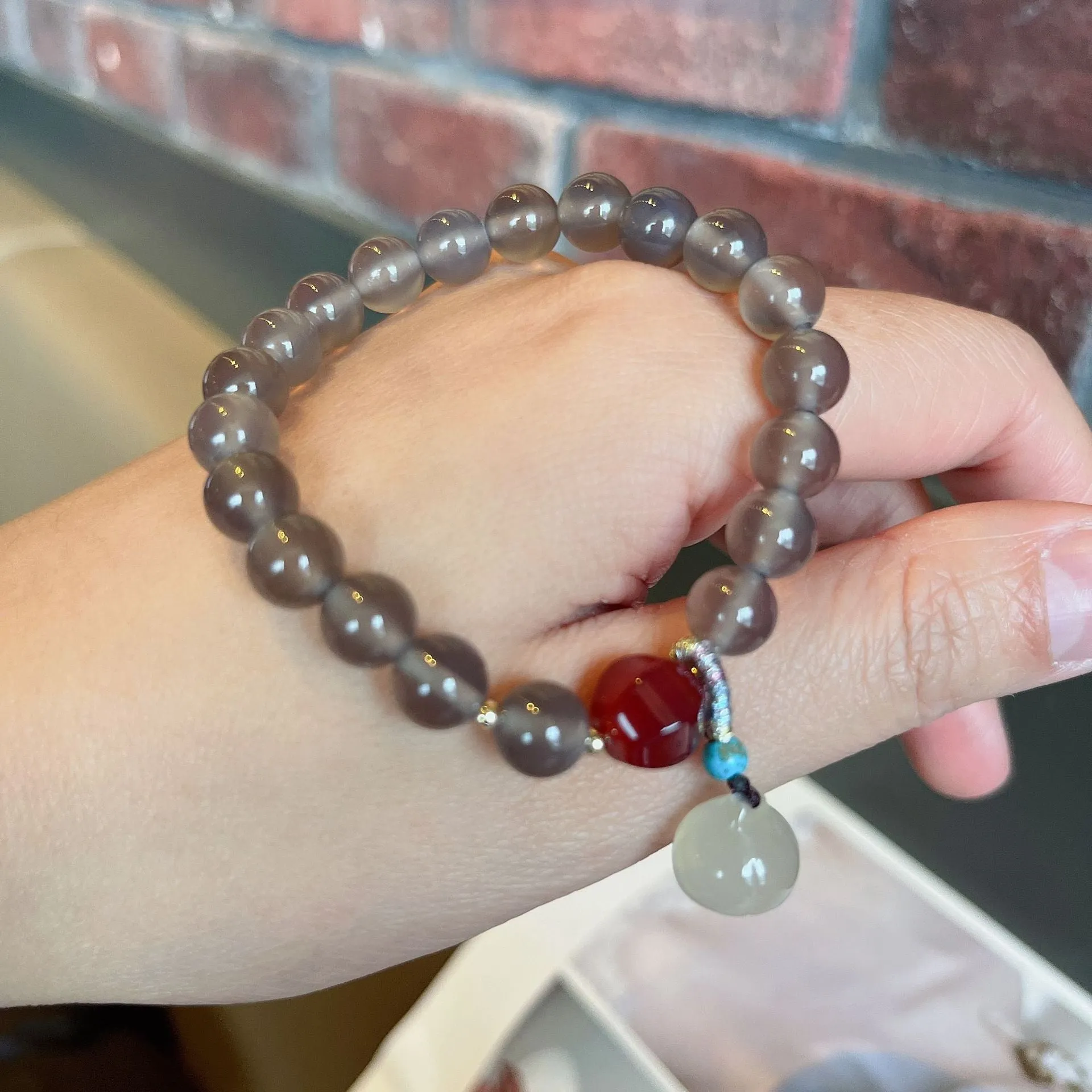 Natural Grey Agate Stone Lotus Bud Bracelet