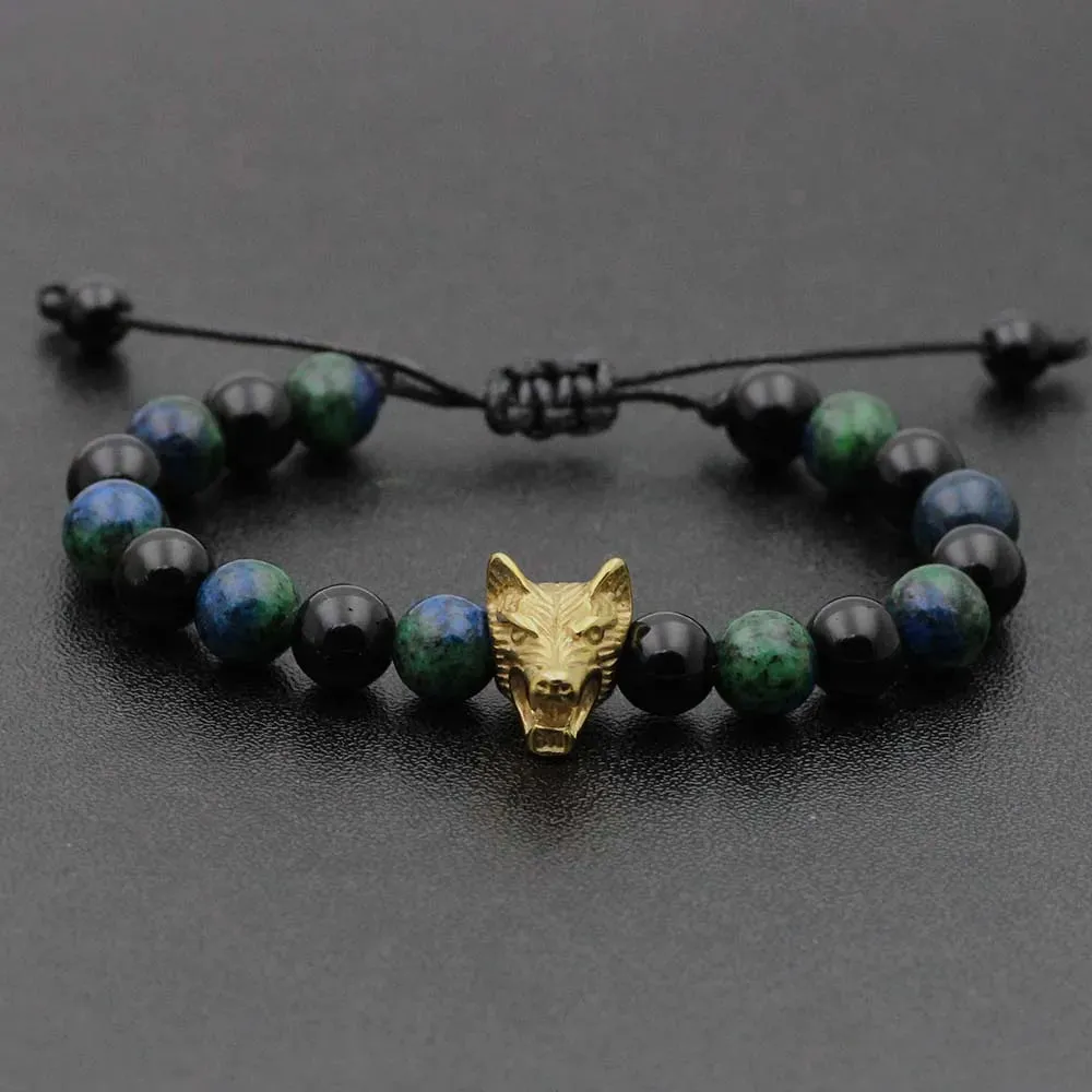 Natural Stone Lava Elastic Bracelet Stainless Steel Animal Owl Goat Charm Beaded Braid Bracelet & Bangle  Jewelry for Men Women