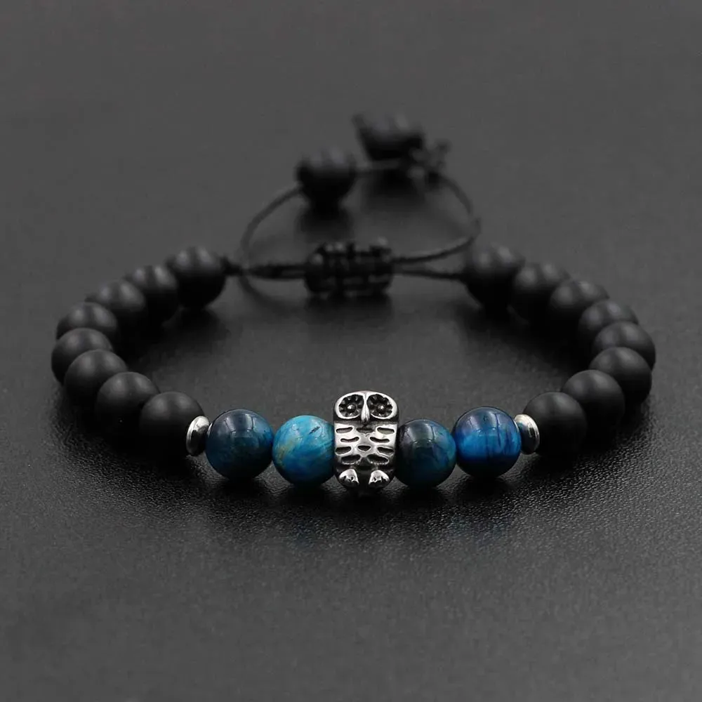 Natural Stone Lava Elastic Bracelet Stainless Steel Animal Owl Goat Charm Beaded Braid Bracelet & Bangle  Jewelry for Men Women