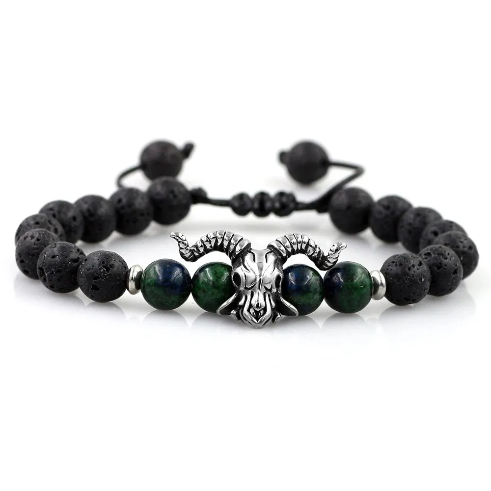 Natural Stone Lava Elastic Bracelet Stainless Steel Animal Owl Goat Charm Beaded Braid Bracelet & Bangle  Jewelry for Men Women