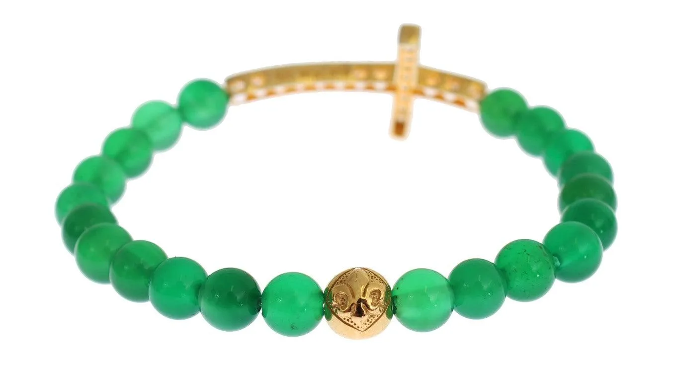 Nialaya Elegant Green Jade Bead & Gold Plated Bracelet