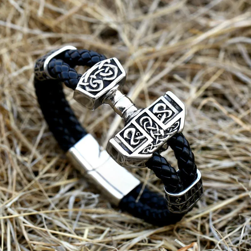 Norse Mythology Stainless Steel Thor's Hammer Bracelet for Men - Viking Leather Jewelry Wholesale