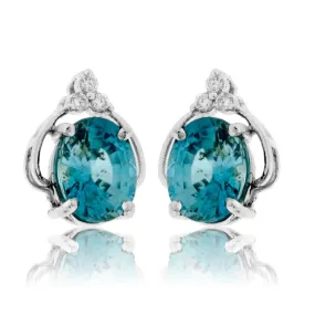 Oval Blue Zircon & Diamond Stud Post Earrings