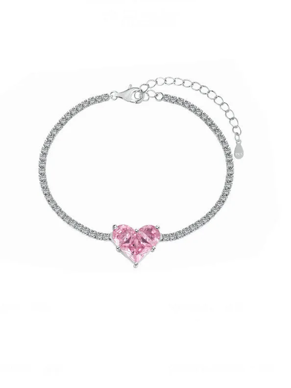 Pink Heart Tennis Bracelet Zircon 925 Sterling Silver Luxury Statement Bracelet