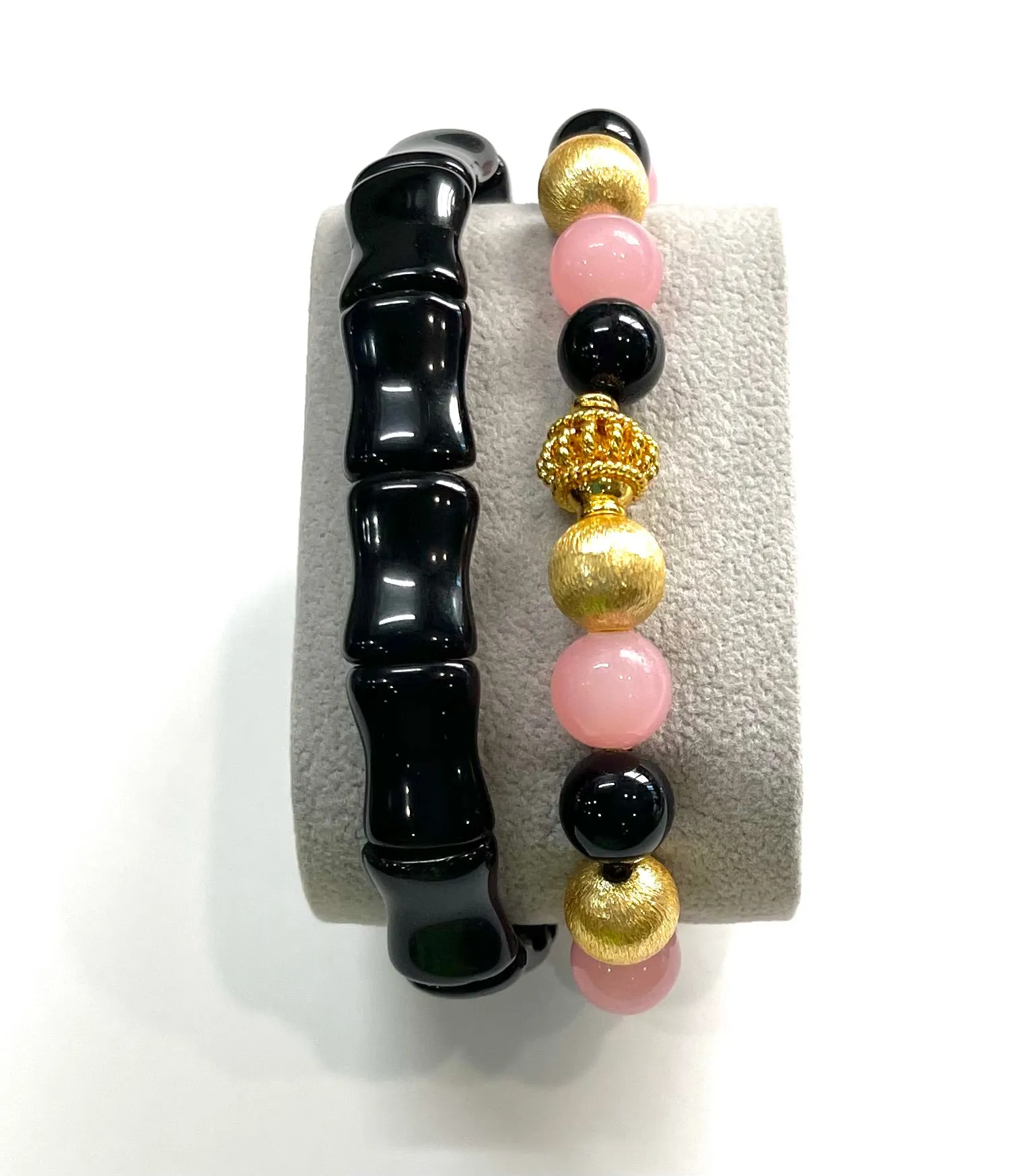 Pink Quartz and Black Onyx Gemstone Bracelet Stack