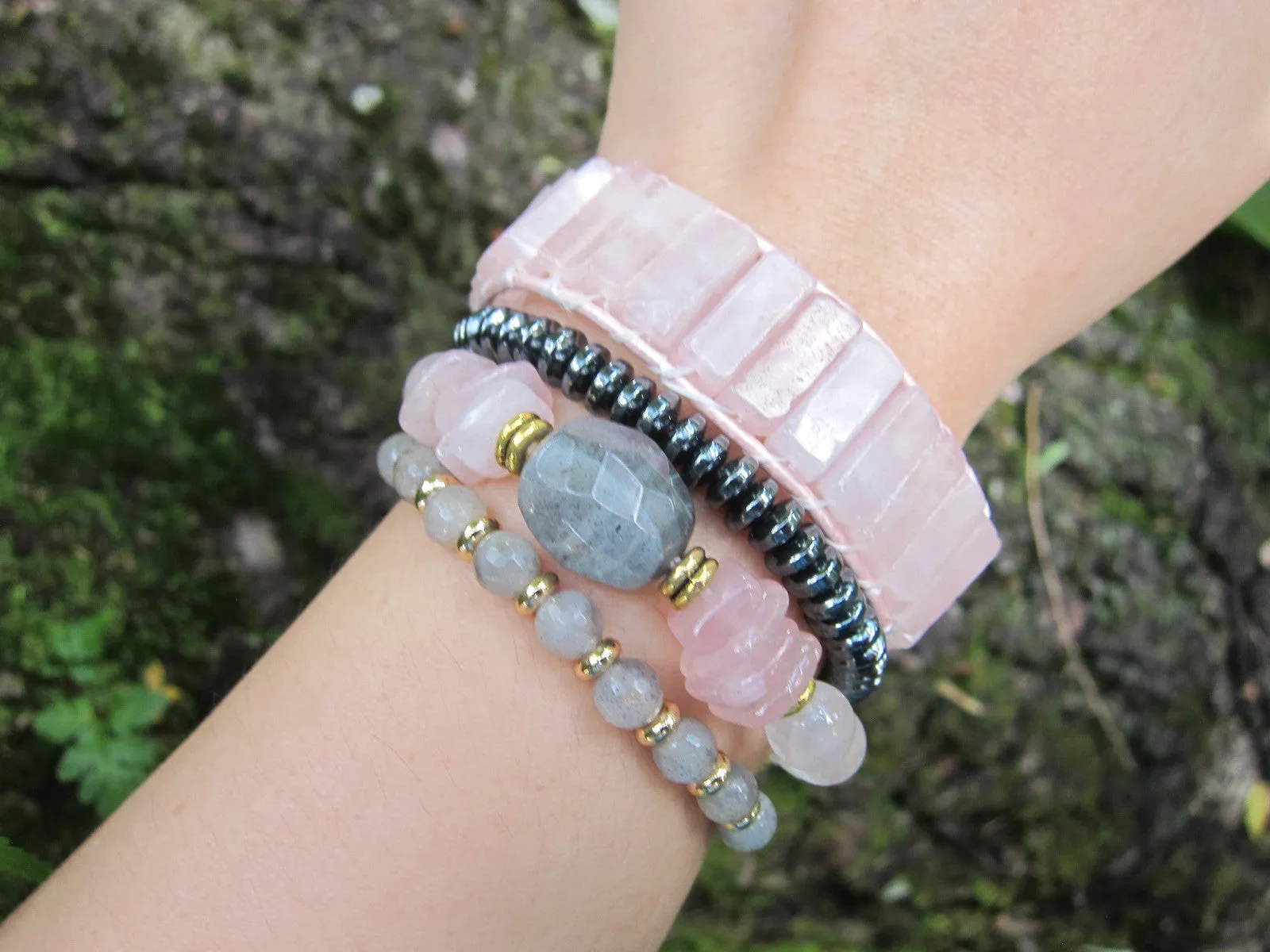 Pink Quartz Tubestone Leather Bracelet - Limited Edition