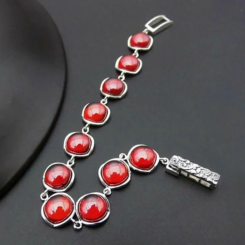 Polished Garnets in S925 Thai Silver Bracelet