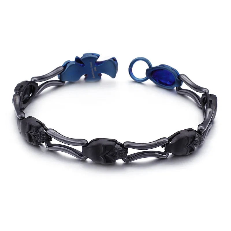 Punk-Inspired Stainless Steel Skull Cross Blue Bracelet for Men