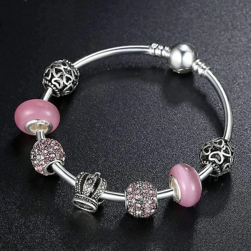 Queen of Hearts Pink Crystal Silver Bangle Bracelet for Woman