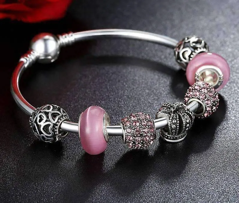 Queen of Hearts Pink Crystal Silver Bangle Bracelet for Woman