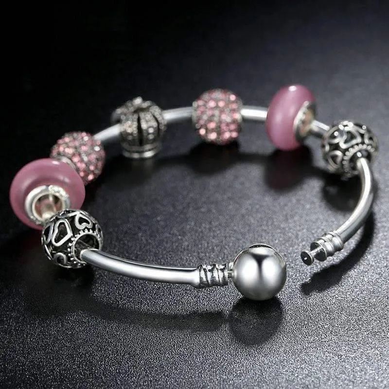 Queen of Hearts Pink Crystal Silver Bangle Bracelet for Woman