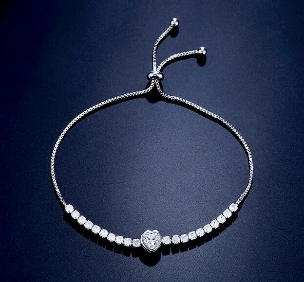 "Etienne" - Heart CZ Bridal Bracelet - Available in Silver, Rose Gold and Yellow Gold