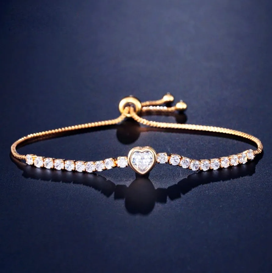 "Etienne" - Heart CZ Bridal Bracelet - Available in Silver, Rose Gold and Yellow Gold