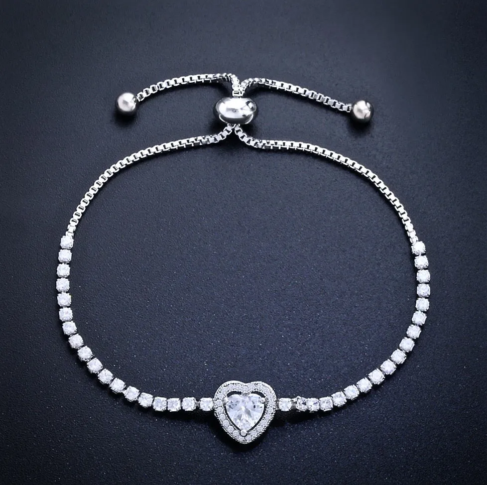 "Etienne" - Heart CZ Bridal Bracelet - Available in Silver, Rose Gold and Yellow Gold