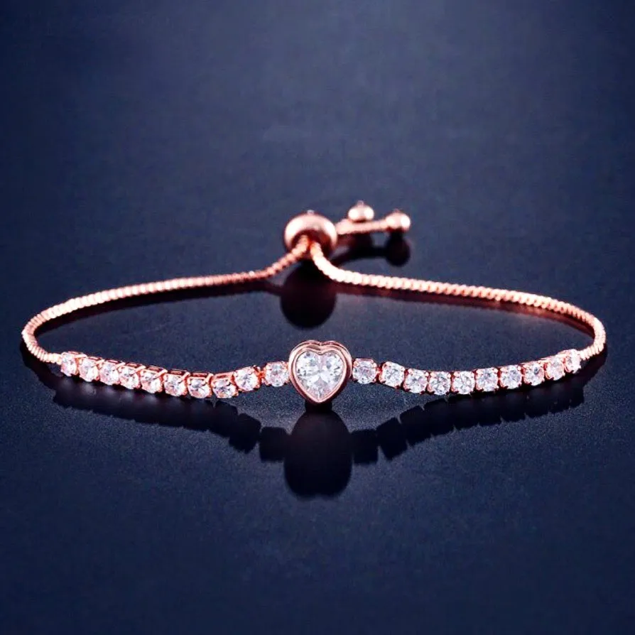 "Etienne" - Heart CZ Bridal Bracelet - Available in Silver, Rose Gold and Yellow Gold