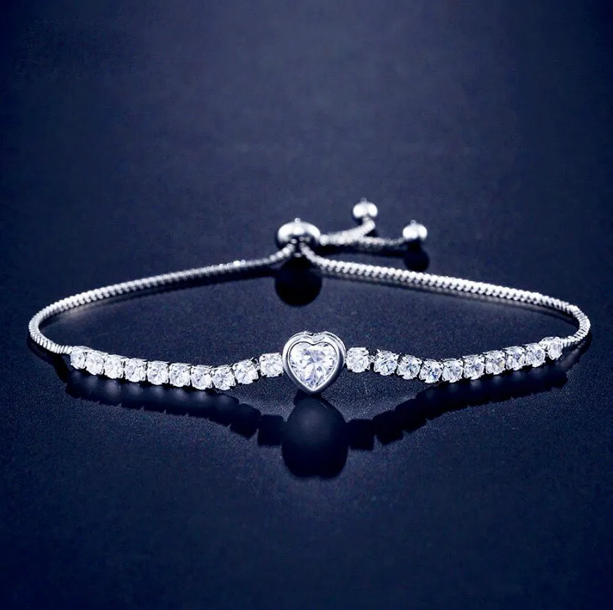 "Etienne" - Heart CZ Bridal Bracelet - Available in Silver, Rose Gold and Yellow Gold