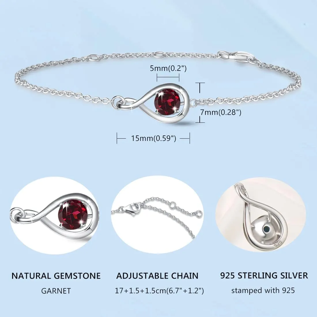 "Infinite Embrace" January Birthstone Garnet Infinity Symbol Sterling Silver Bracelet