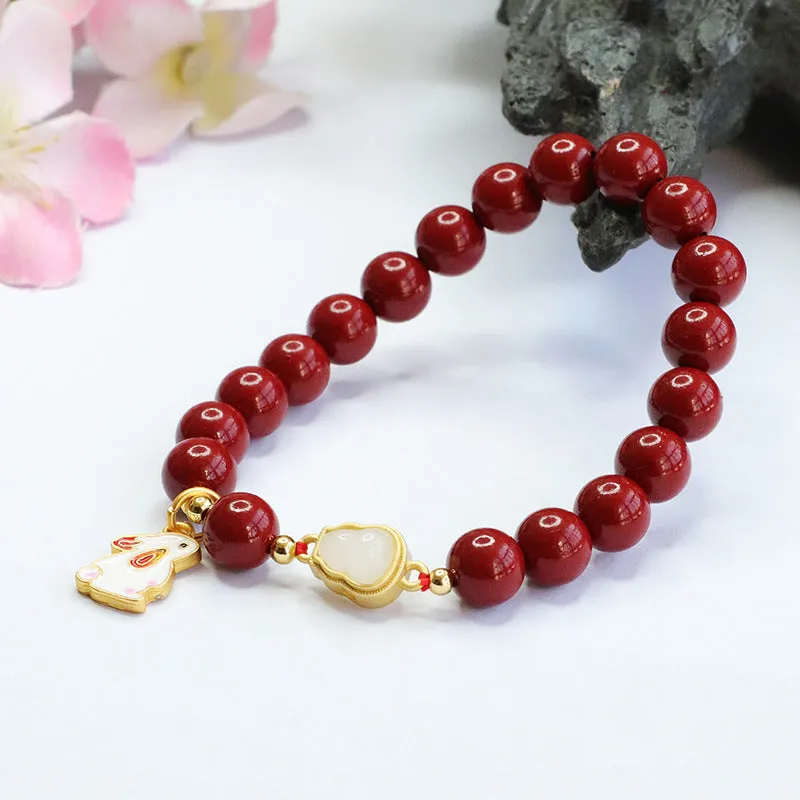 Rabbit Zodiac Jade and Cinnabar Bracelet with Sterling Silver