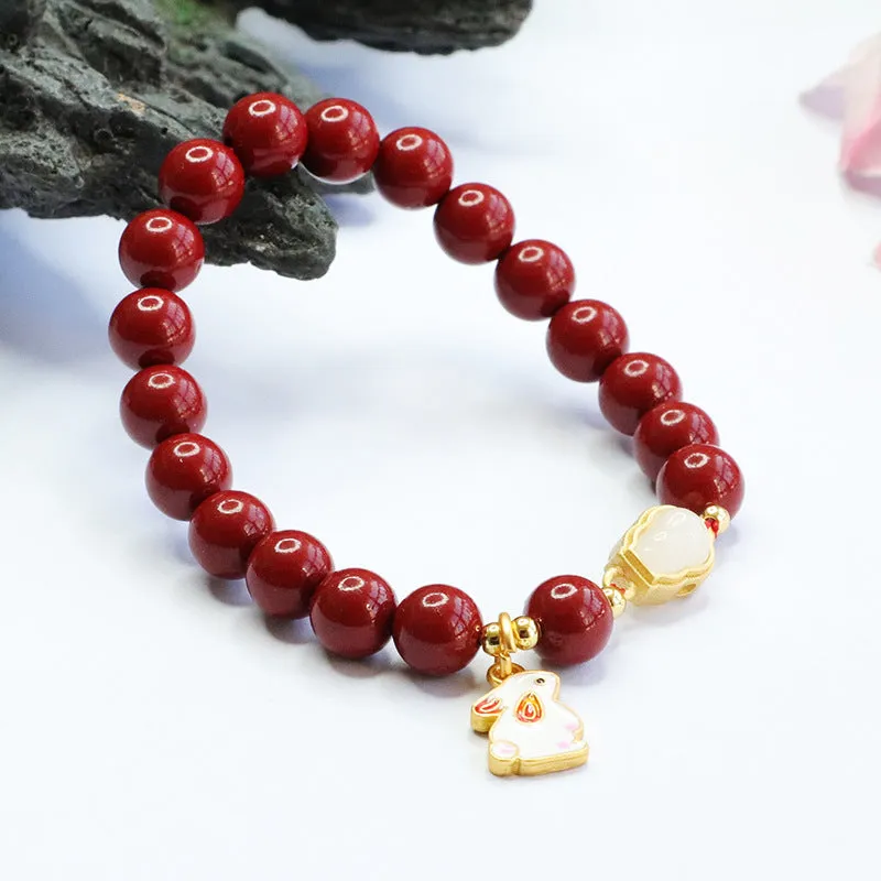 Rabbit Zodiac Jade and Cinnabar Bracelet with Sterling Silver