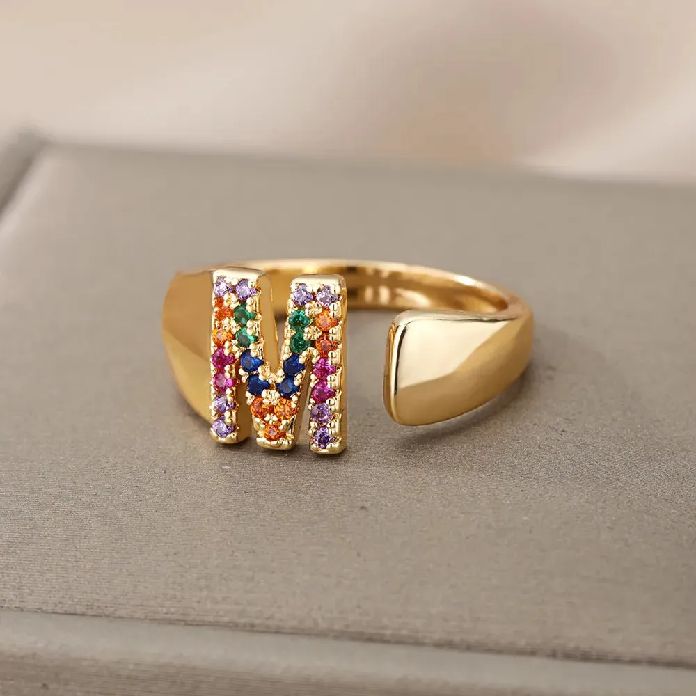 Rainbow Zircon Letter Rings For Women Fashion Chunky Wide Letter A-Z Stainless Steel Ring Wedding Boho Jewelry free shipping