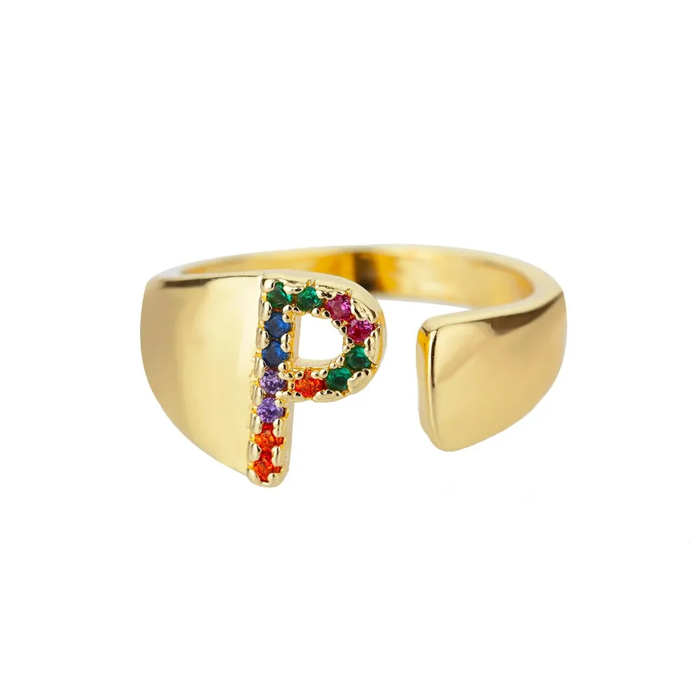 Rainbow Zircon Letter Rings For Women Fashion Chunky Wide Letter A-Z Stainless Steel Ring Wedding Boho Jewelry free shipping