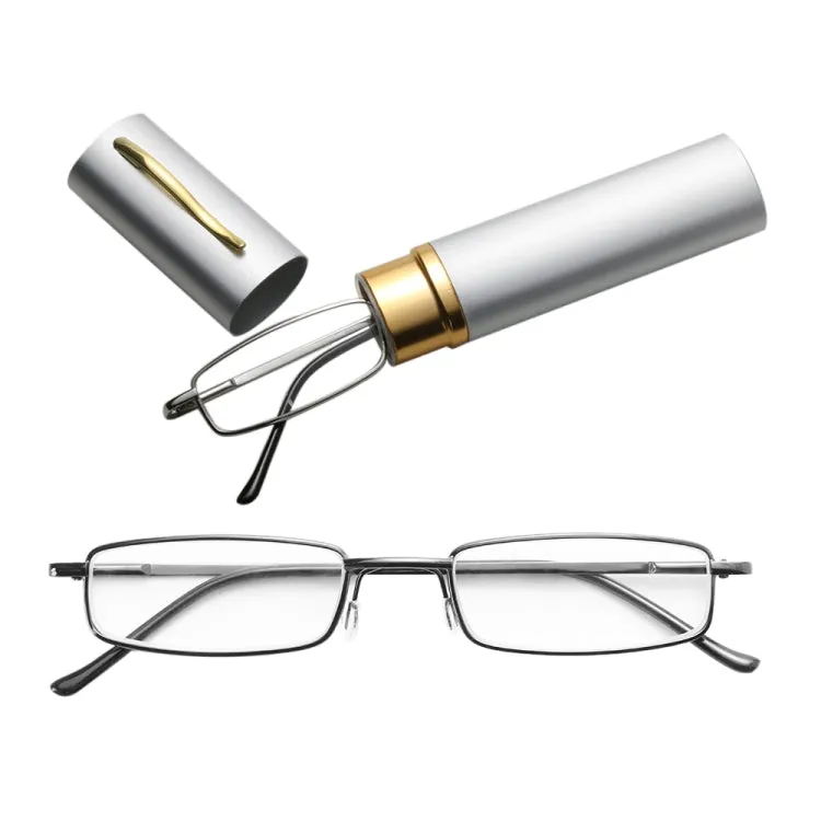 Reading Glasses Metal Spring Foot Portable Presbyopic Glasses with Tube Case  1.50D(Silver Gray)