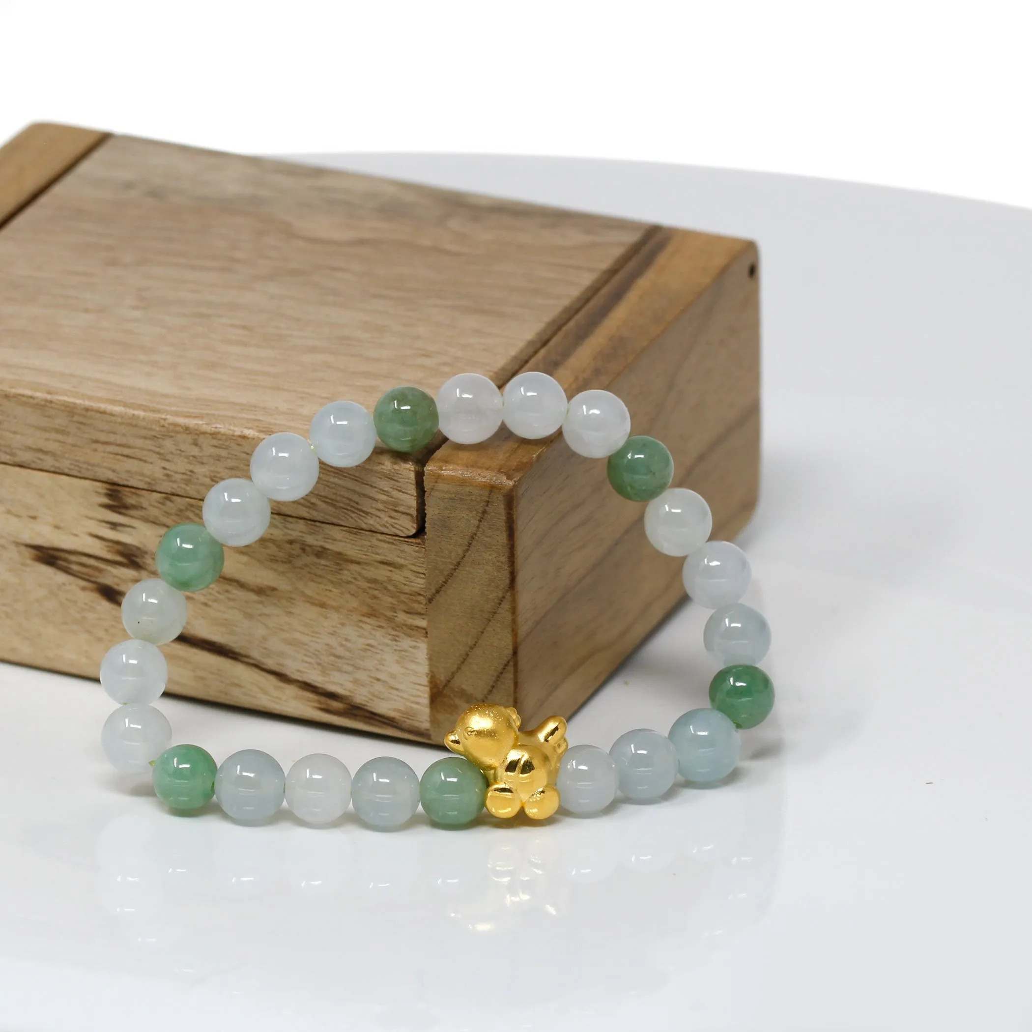 RealJade® "Lucky Chicken" Genuine High-quality Jade Jadeite Bead Bracelet with 24k Yellow Gold Chicken Charm #426