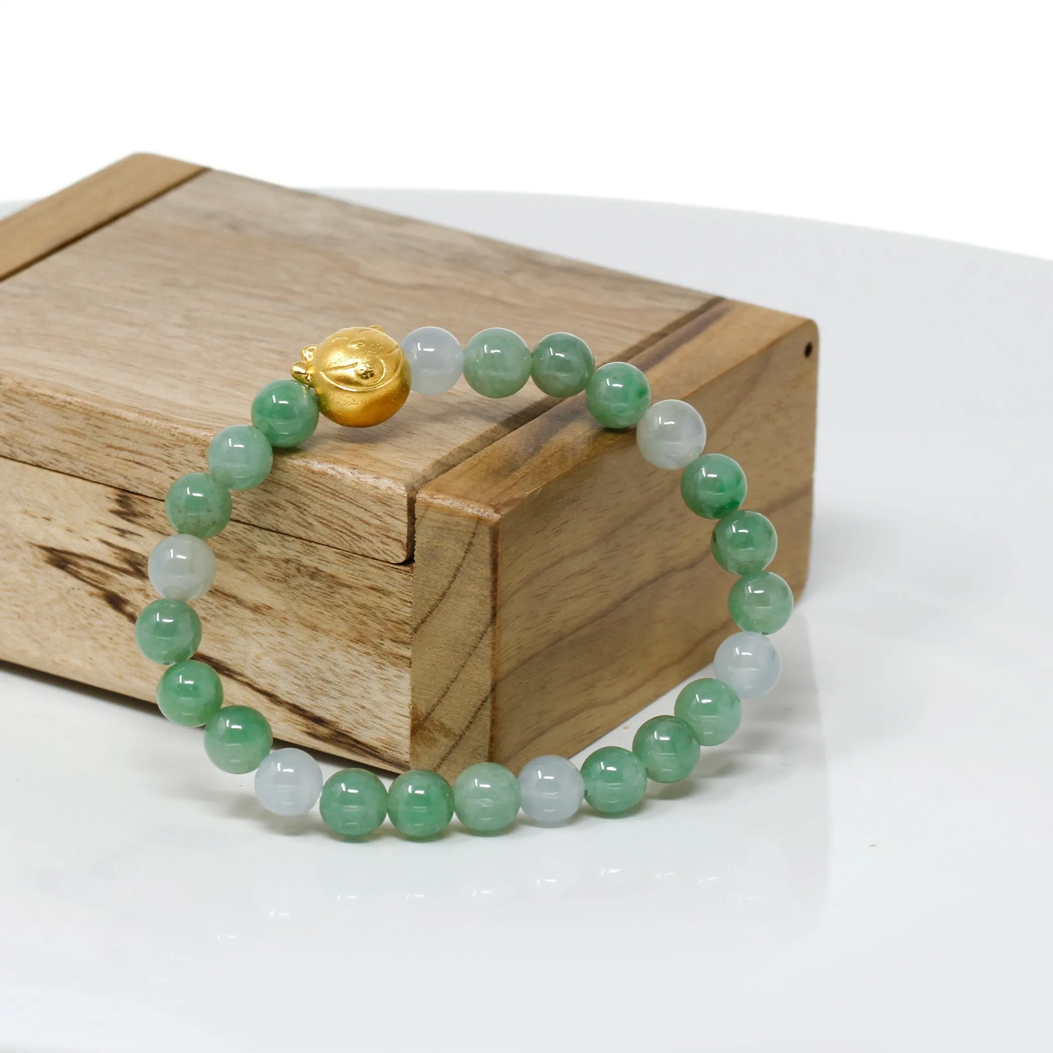 RealJade® "Lucky Kitten" Genuine High-quality Jade Jadeite Bracelet Bangle with 24k Yellow Gold Cat Charm #414