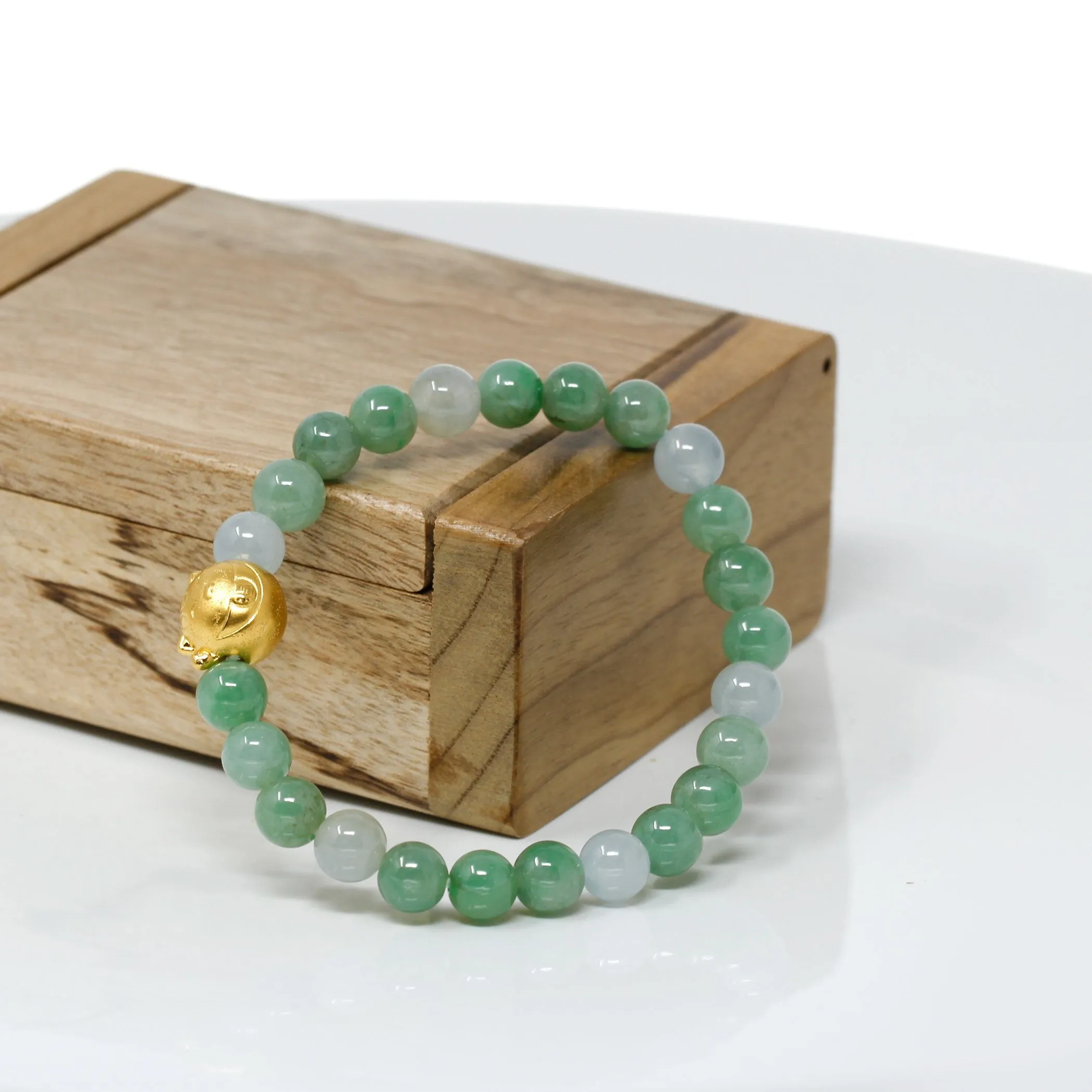 RealJade® "Lucky Kitten" Genuine High-quality Jade Jadeite Bracelet Bangle with 24k Yellow Gold Cat Charm #414