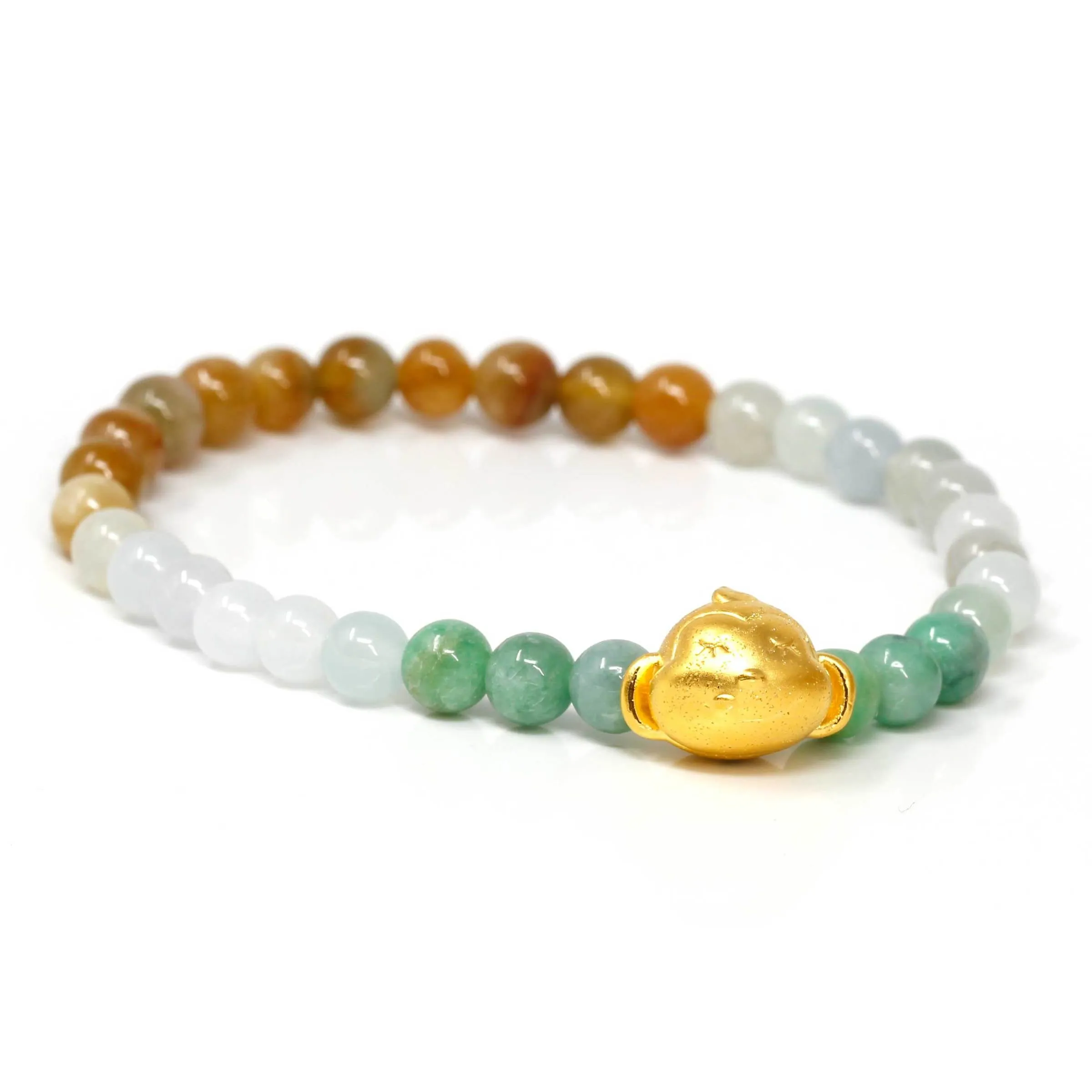 RealJade® "Lucky Monkey" Genuine High-quality Jade Jadeite Bracelet Bangle with 24k Yellow Gold Monkey Charm Colorful #411