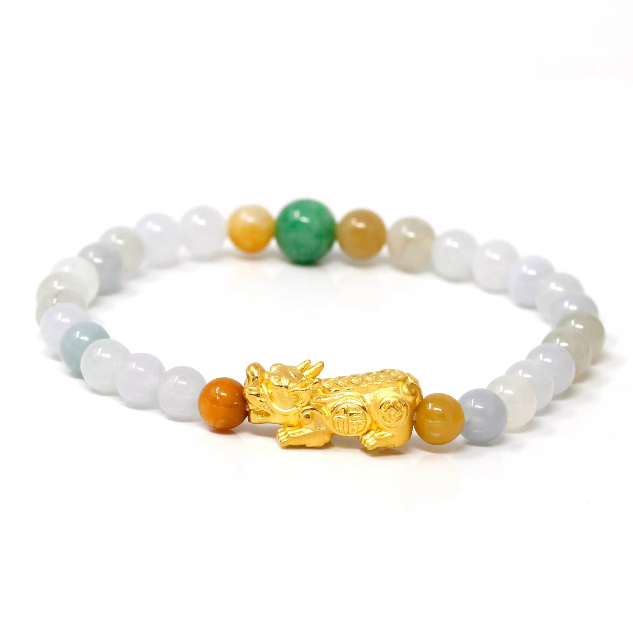 RealJade® "Lucky Pi Xiu" Genuine High-quality Jade Jadeite Bracelet Bangle with 24k Yellow Gold PiXiu Charm Colorful #422