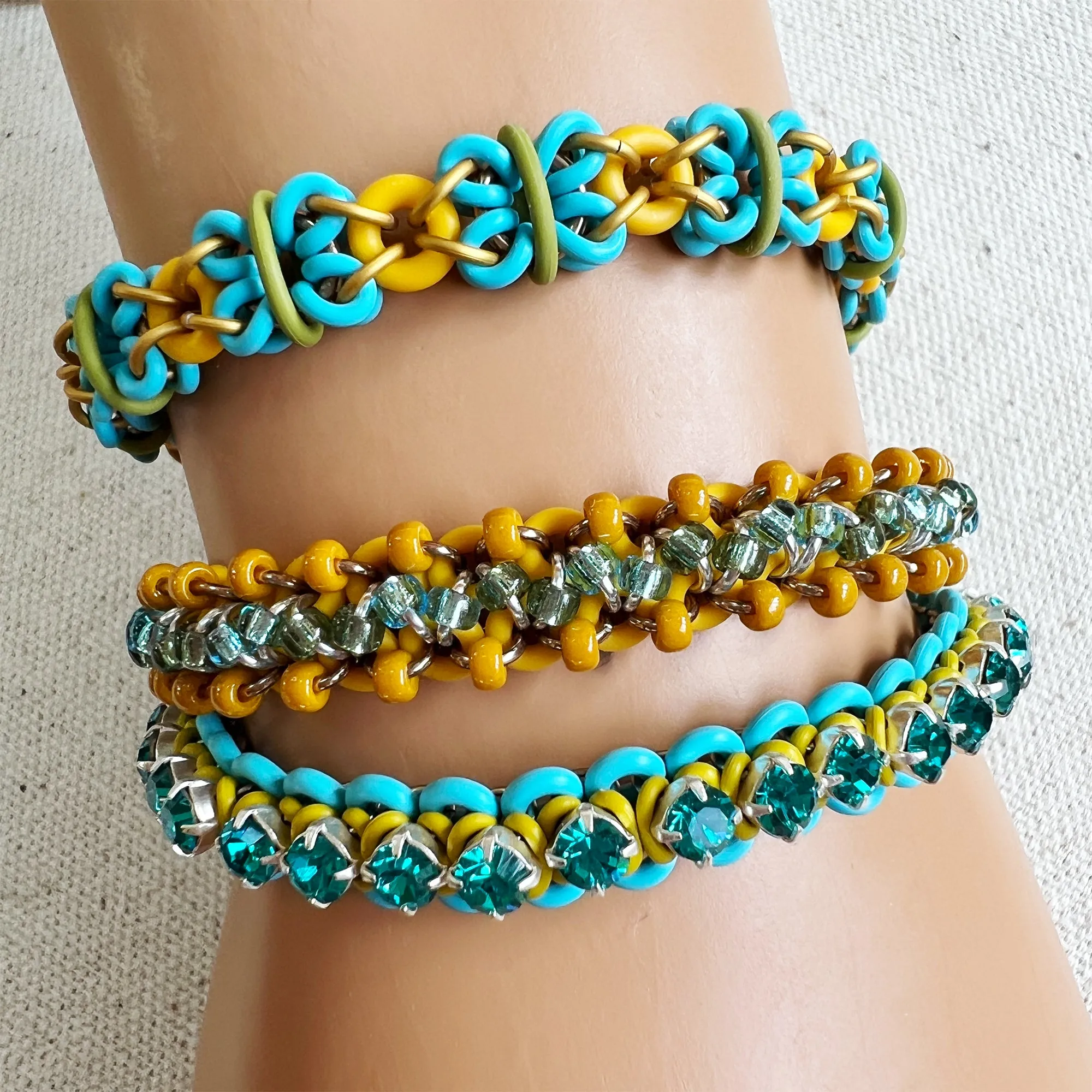 Rhinestone Ruffle Stretch Micro Bangle Mini Kit & Video Class - Turquoise, Pistachio & Blue Zircon