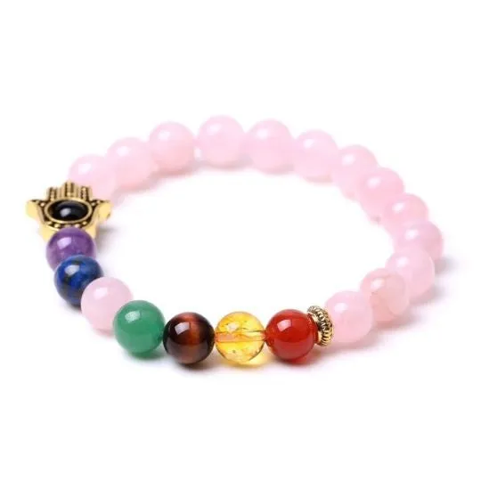 Rose Quartz Hamsa 7 Chakra Elastic Bracelet | Love, Balance & Spiritual Alignment