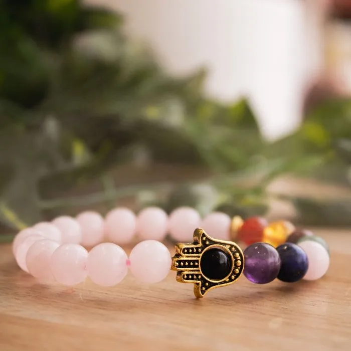 Rose Quartz Hamsa 7 Chakra Elastic Bracelet | Love, Balance & Spiritual Alignment