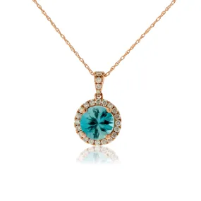 Round Blue Zircon with Diamond Halo Pendant