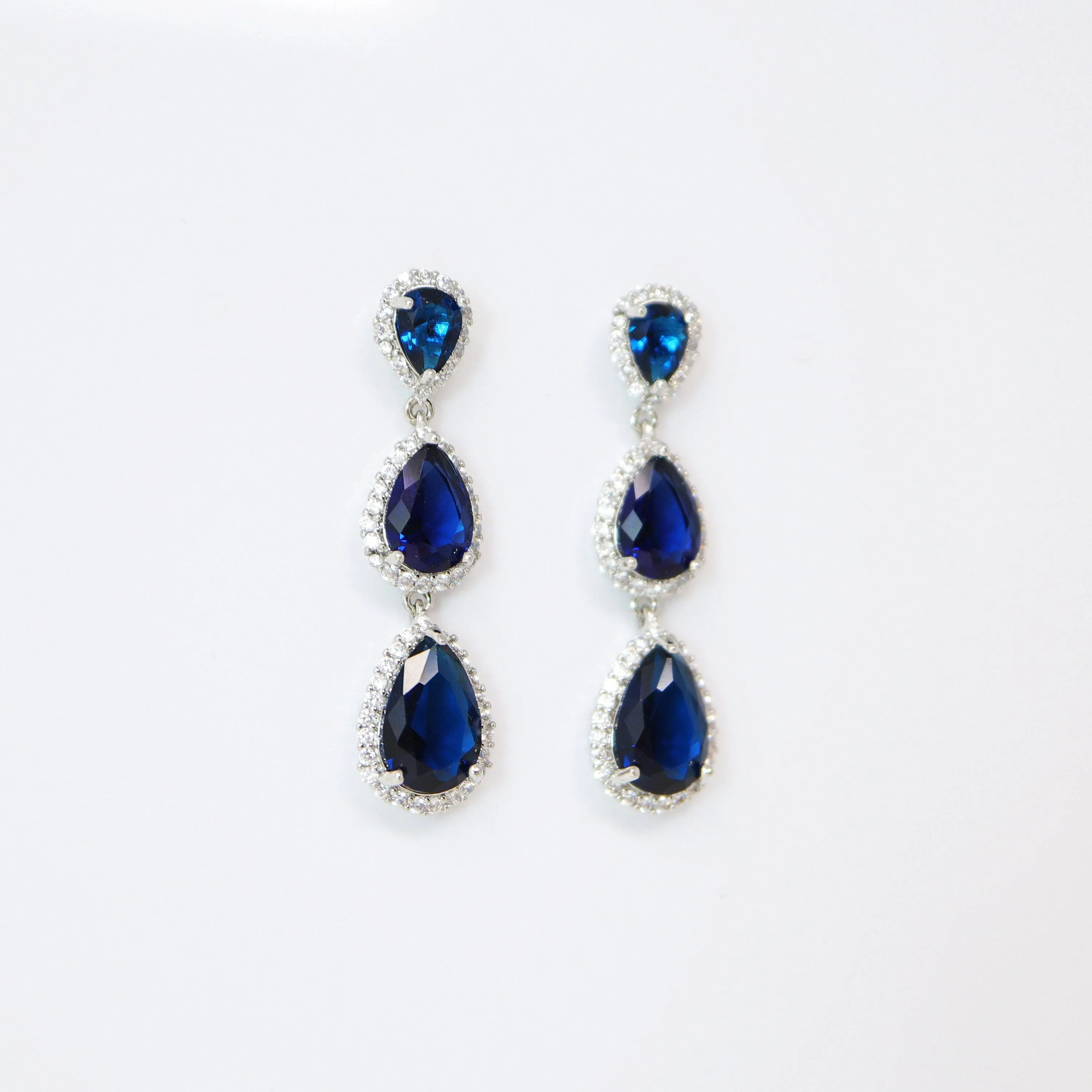 Royal Blue Drop Crystal/Diamond Earrings, Long Bridal Jewelry, Bridal Earrings, Crystal Bridal Earrings, Statement Earrings Cz