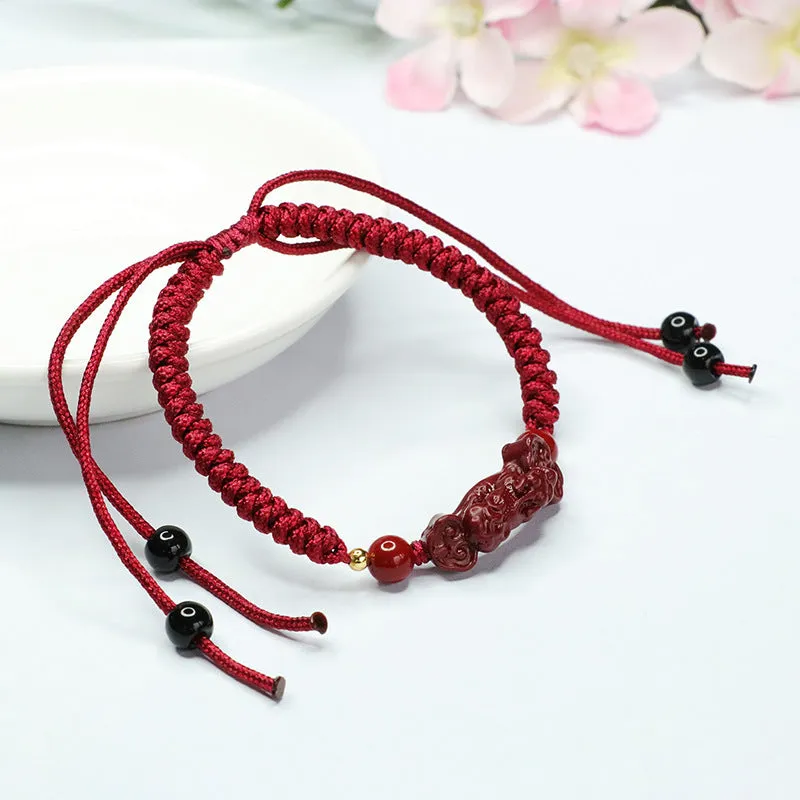 Ruyi Pixiu Sterling Silver Cinnabar Stone Red Rope Bracelet