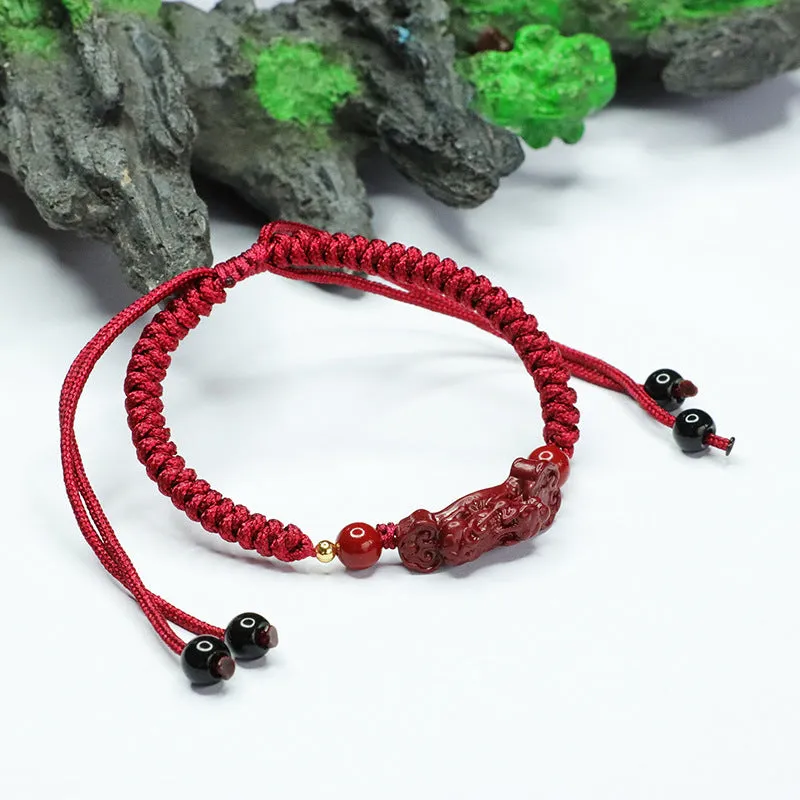 Ruyi Pixiu Sterling Silver Cinnabar Stone Red Rope Bracelet