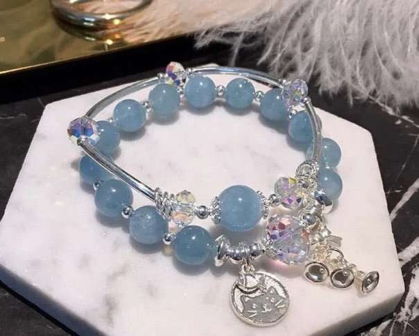 S925 Sterling Silver Austrian Crystal Genuine Aquamarine Bracelet