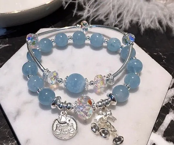 S925 Sterling Silver Austrian Crystal Genuine Aquamarine Bracelet