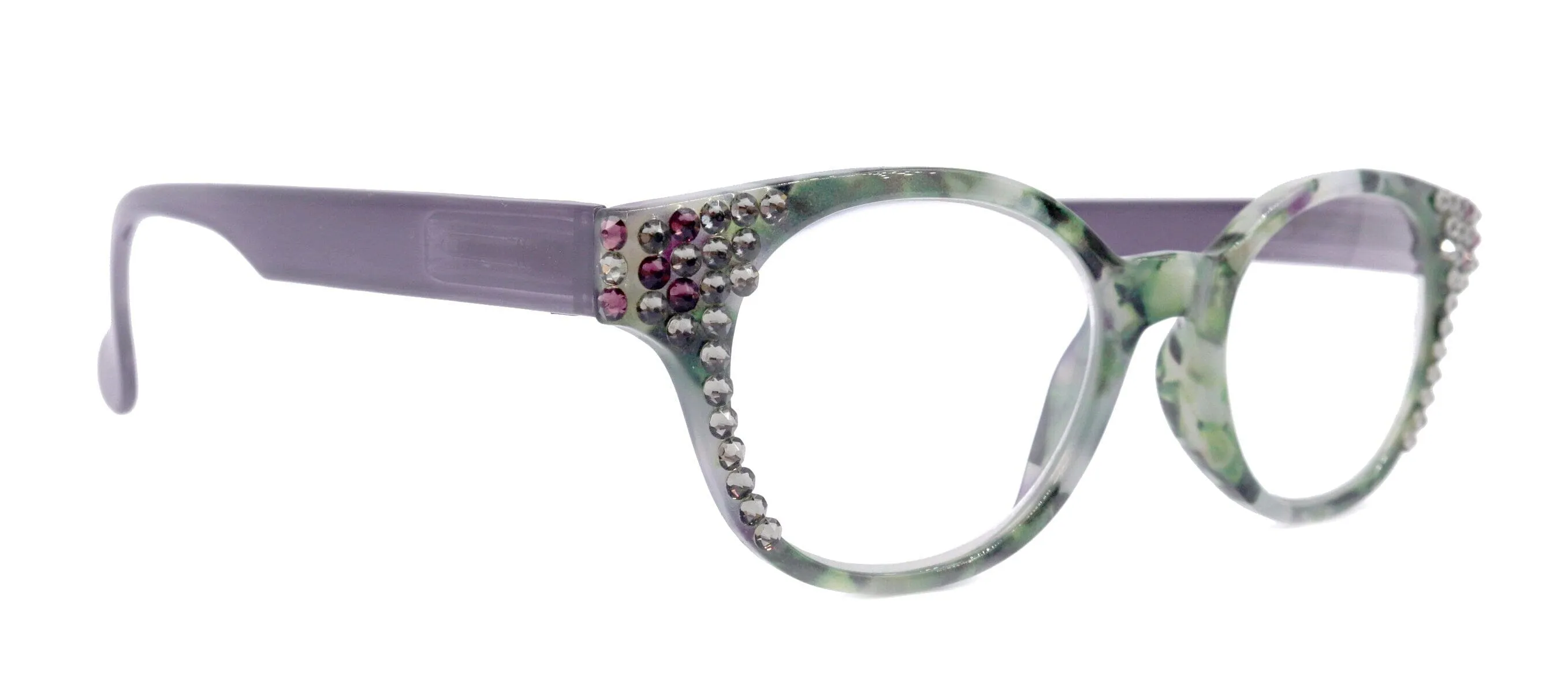 Sally, (Bling) Women Reading Glasses W (Black Diamond, Amethyst) Genuine European Crystals, Round  1.25 .. 4 (Purple, Green) NY Fifth Avenue