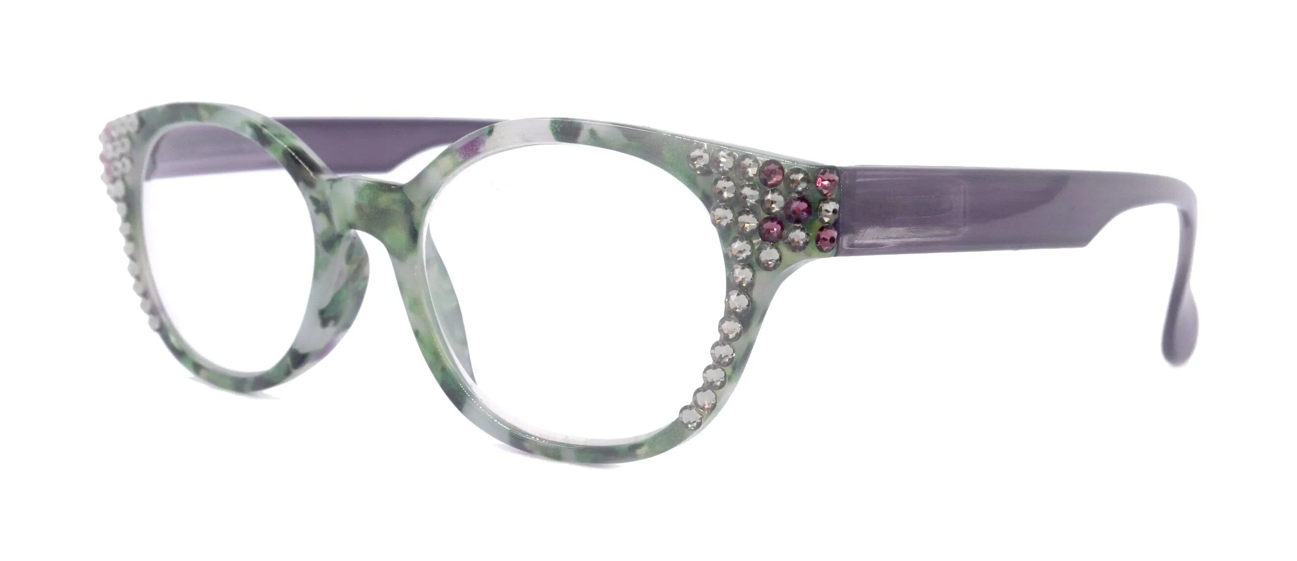 Sally, (Bling) Women Reading Glasses W (Black Diamond, Amethyst) Genuine European Crystals, Round  1.25 .. 4 (Purple, Green) NY Fifth Avenue