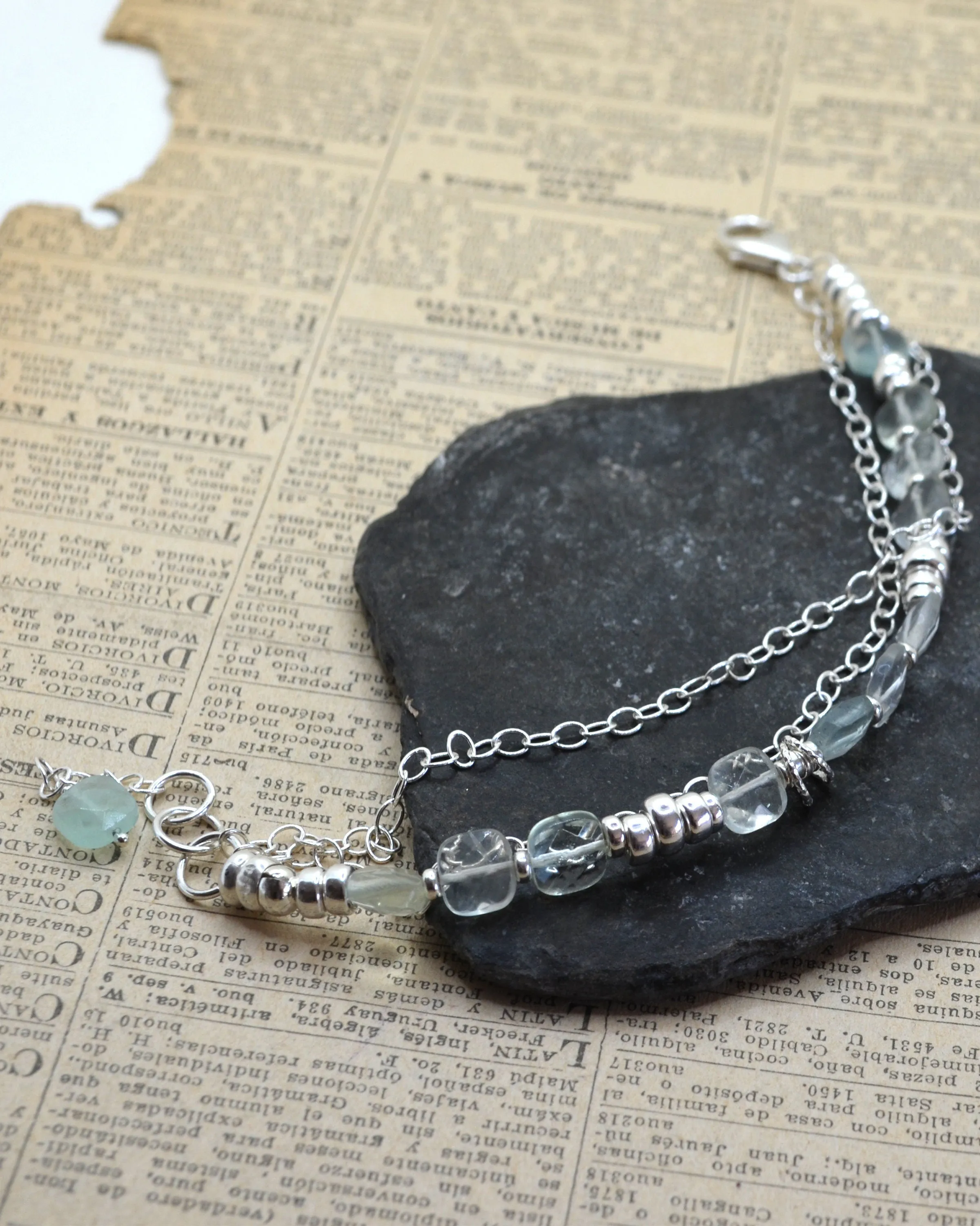 Silver and aquamarine layered bracelet, dainty stone bracelet, gift for her, march birthstone